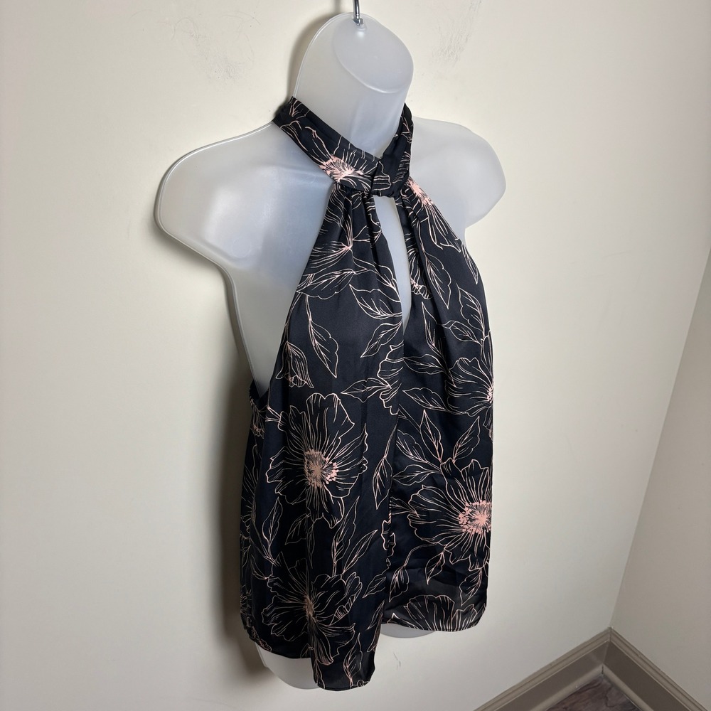 NWT Joie Cedra Black Satin Floral Sleeveless Halter High Neck Top Blouse Women L - Picture 4 of 10